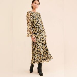 Anthropologie Joie Tapia Floral Silk Long Maxi Long Sleeve Black Dress Sz XXS
